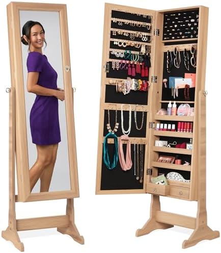 Best Choice Products Freestanding Jewelry Armoire Cabinet, Full Length Standing Mirror, Lockable Makeup Storage Organizer, w/Velvet Lining, 3 Angles, Lock, Accessory Pouch, 5 Shelves - Natural Oak by BestChoiceProducts