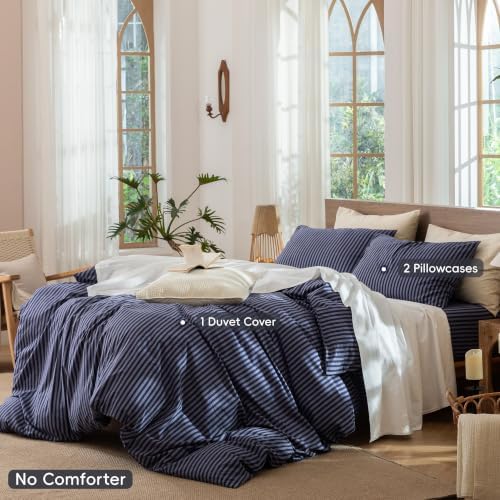 MooMee Striped Duvet Cover Set 100% Washed Cotton Linen Like Queen - Image 2