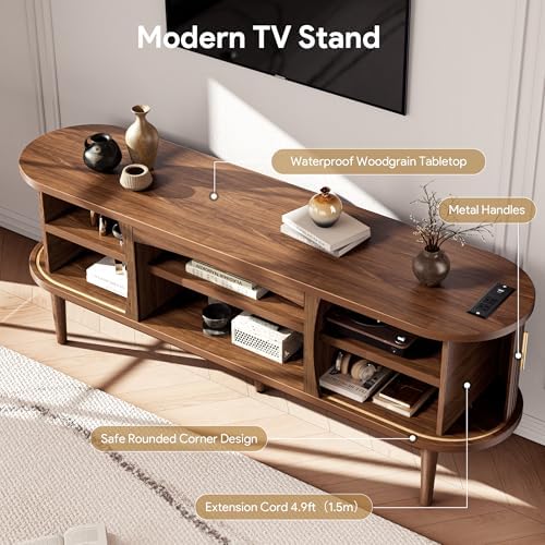 Decofy Mid Century TV Stand for TVs up to 70 Inches Entertainment Center with Storage, Power Outlet, Fluted Sliding Doors & Adjustable Shelves, Modern Media TV Console Table for Living Room (Walnut) - Image 6