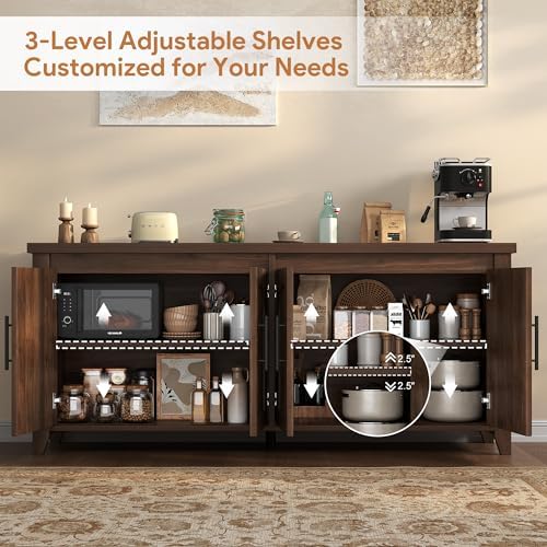 knoworld Modern Buffet Cabinet with Storage, 70" Fluted Sideboard Cabinet with Adjustable Shelves, Wood & Multi-Functional Coffee Bar Console for Kitchen Room,Bedroom, Living Room & Entryway Walnut - Image 3