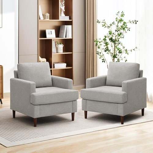 Weture Mid-Century Accent Chair,Modern Linen Fabric Armchair for Living Room,Comfy Upholstered Reading Accent Chairs for Bedroom,Single Sofa Chair with Wood Legs (Light Grey, 2 Pack) by Weture