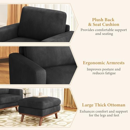 Vesgantti 38.5" Accent Chair with Movable Ottoman, Comfy Corduroy Armchair with Spring Cushion, Reading Chair with Ottoman, Modern Single Sofa for Living Room, Bedroom and Apartment, Black - Image 6