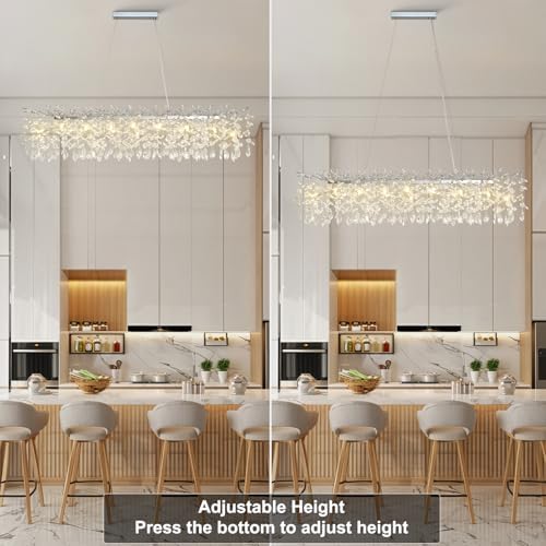 60" Silver Crystal Chandelier, 16-Light Modern Tree Branch Chandeliers, Rectangular Chandelier for Dining Room, Kitchen Island, Living Room, Foyer, Entryway, Luxury K9 Crystal Raindrop Light Fixture - Image 5