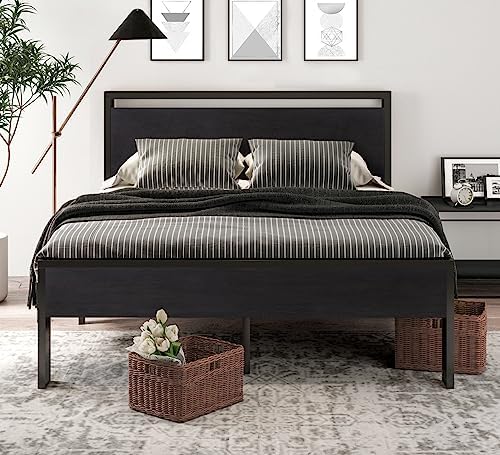 SHA CERLIN 14 Inch Queen Size Metal Platform Bed Frame with Wooden Headboard and Footboard, Mattress Foundation, No Box Spring Needed, Large Under Bed Storage, Non-Slip Without Noise, Black Oak - Image 3