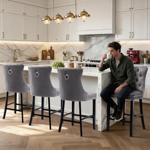 SoarFlash Modern Velvet Upholstered Bar Stools Set of 4 with Wood Legs, Button Tufted,Chrome Nailhead, Counterstool Seat, Armless Bar Chairs (Gray) - Image 5