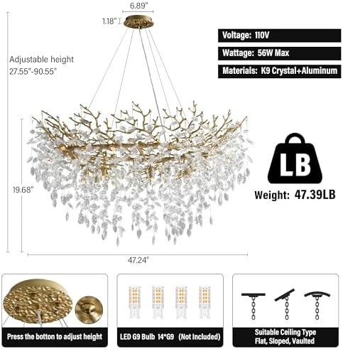 YUYI 47" Modern Crystal Chandelier, 14-Light Gold Tree Branch Chandelier, Round Chandeliers for Dining Room, Living Room, Foyer, Entryway, Kitchen, Bedroom, Luxury K9 Crystal Raindrop Light Fixture - Image 4