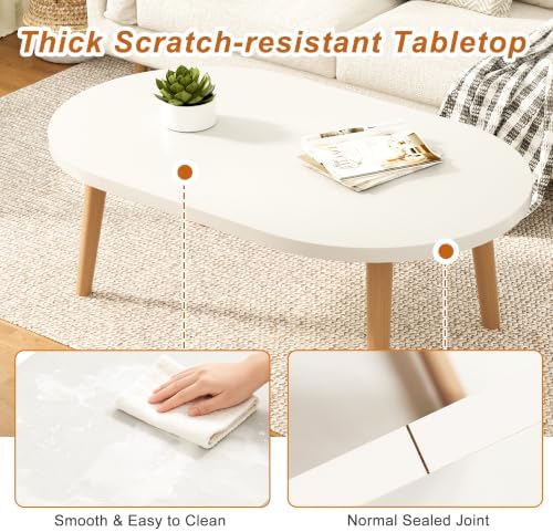 Coffee Table Low Table with Solid Wood Legs, 31.5x19.7 Large Coffee Table Side Table, Floor Table Desk for Sitting on The Floor, Living Room Furniture for Office Apartment Home, Oval White - Image 5
