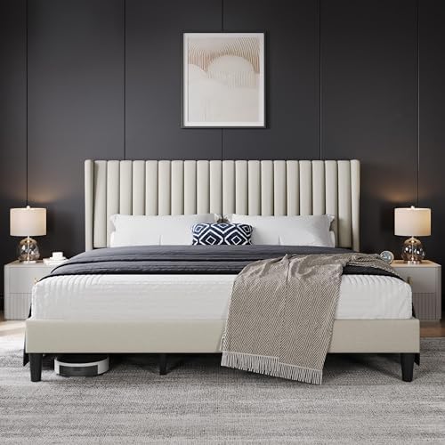 Yaheetech King Bed Frame with Headboard, Ivory Channel-Tufted Platform by Yaheetech