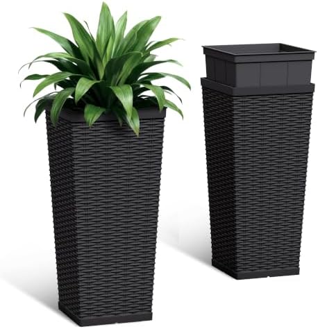 24 Inch Tall Plastic Planters (Set of 2) with Drainage Holes, Black by Acurax