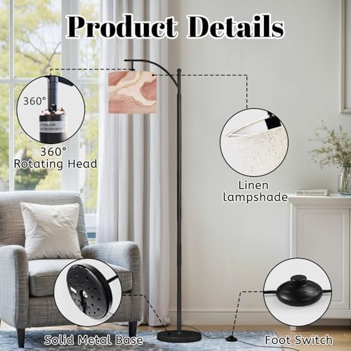 Arc Floor Lamp Pink Marble Rose Gold Dimmable Modern Standing Lamp with Remote Adjustable Drum Shade Footswitch Tall Pole Lamp for Living Room Bedroom - Image 6