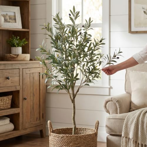 5ft Artificial Olive Tree, Large Faux Silk Plant for Home Decor - Image 2