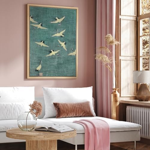 NWT Framed Canvas Print Wall Art Cranes in Flight, Minimalist Japanese-Inspired Illustrations Modern Art Decorative Landscape Rustic Zen Colorful for Living Room, Bedroom, Office - 16"x24" Natural - Image 4