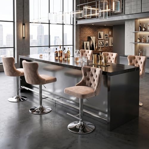 SoarFlash Velvet Bar Stool Set of 6, Adjustable Swivel Bar Stools with Silver Plated Metal Leg, Button Tufted, Footrest, Chrome Nailhead, Counter Height Chair for Kitchen, Bar, Dining Room (Khaki) by SoarFlash