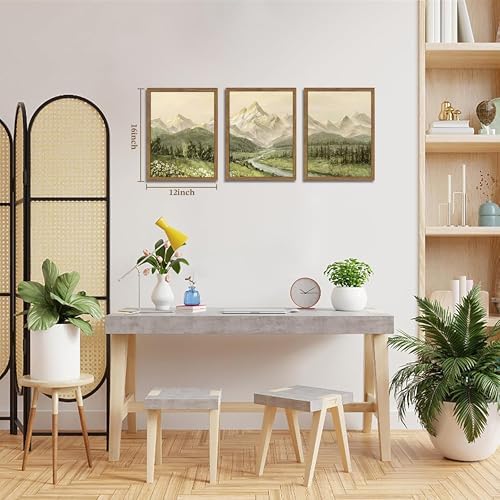 Framed Mountain Wall Art for Living Room, Green Nature Landscape Canvas Wall Decor Set of 3, Vintage Forest Rustic Farmhouse Prints Pictures Paintings for Office Bedroom 12x16 Inch - Image 3