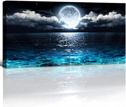 Wall Art Moon Sea Ocean Landscape Picture Canvas Wall Art Print Paintings Modern Artwork for Living Room Wall Decor and Home Décor Framed Ready to Hang,28x57inches,1inch Thick Frame,Waterproof Artwork by HaichuangDecorArt