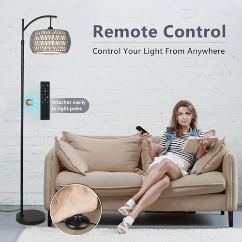 Arc Floor Lamp for Bedroom, Boho Standing Lamp with Remote & LED Smart Bulb, Rattan Floor Lamps for Living Room with 3 Color Temperatures, Height Adjustable Corner Tall Lamp, Stand up Light for Office - Image 4