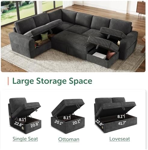 HONBAY Modular Sectional Sleeper Sofa with Pull Out Bed,Corduroy U Shaped Couch with Storage, Sectional Couches for Living Room,Dark Grey - Image 3