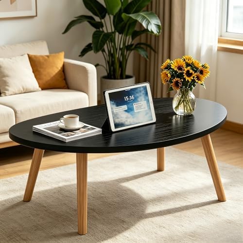 Coffee Table Low Table with Solid Wood Legs, 31.5x19.7 Large Coffee Table Side Table, Floor Table Desk for Sitting on The Floor, Living Room Furniture for Office Apartment Home, Pebble-Black - Image 3