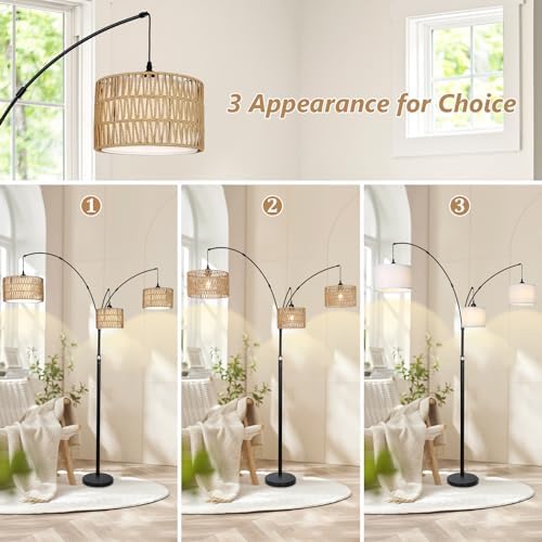 Black Arc Floor Lamps for Living Room, Farmhouse Boho Floor Lamp for Bedroom, Industrial Standing Lamp for Office, Dimmable Tall Lamp with Rattan Lampshades, Reading Arched Light - Image 4