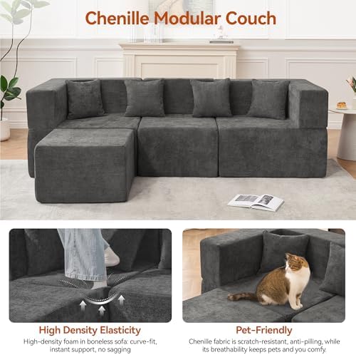 MONVANE 103'' Modular Sectional Sofa, Comfy Chenille Cloud Couch with Ottoman, Modern Convertible L Shaped Couch with Deep Seat, Sectional Couches for Living Room, Bedroom and Apartment, Grey - Image 6
