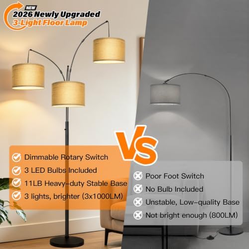 Nintiue Dimmable Floor Lamp - 3 Lights Gold Arc Floor Lamps for Living Room, 1000LM Modern Tall Standing Lamp with Black Shades&Heavy Base,3 LED Bulbs Included-Champagne - Image 6