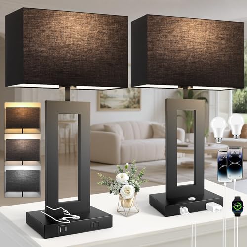 27.2’’ Tall Black Table Lamps for Living Room Bedroom, Bedside Touch Control Lamps with 2 USB Ports&AC Outlet, 3 Color Temp.&Stepless Dimming Desk Lamp Sets for Home Office, Pre-assembled Black Shade by Kondras