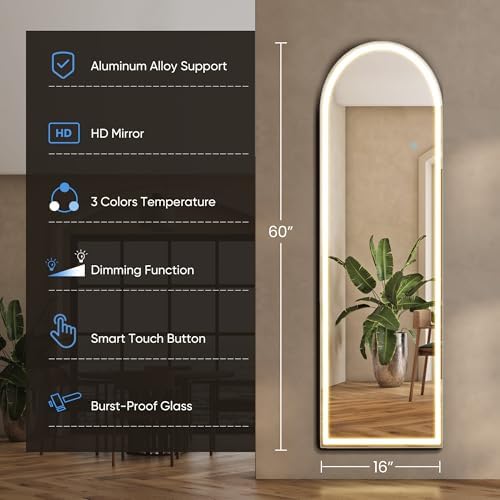 OLIXIS 16"x60" Arched Full Length Mirror with Lights, Body Mirror - Image 2