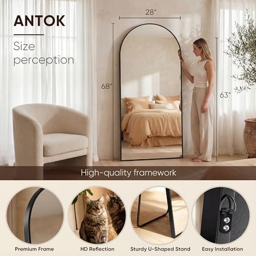 Antok 68" x26” Arched Full Length Mirror, Floor Mirror with Stand,Black - Image 3