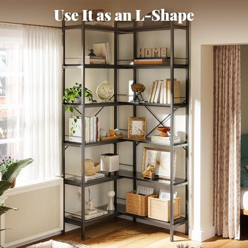 Huuger 6 Tier Bookshelf, L Shaped Corner Bookshelf with Open Shelves, 49.4 Inch Straight Wide Bookcase with Metal Frame and Wooden Board, Adjustable Feet, Black - Image 2