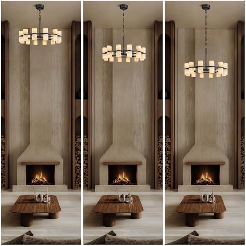 Alabaster Round Chandelier, Natural Spanish Stone Texture Chandeliers, D23.6in Round Chandeliers for Dining Room Small Chandelier Light Fixture for Kitchen Living Room Foyer Entryway Hallway (Black) - Image 5