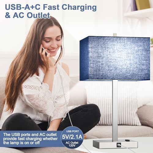 Lynnoland 21" Set of 2 Table lamp with USB A+C & AC Outlets, Touch Control 3-Way Dimmable Nightstand Lamps for Bedroom Living Room Office Reading, Blue Shade Touch Lamps, 5000K LED Bulbs Included - Image 7