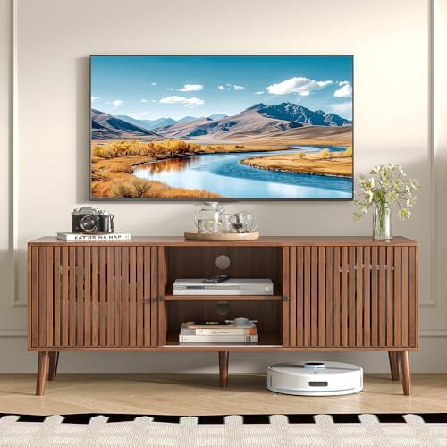 Oubayajia Mid Century Modern TV Stand for Televisions up to 60 Inches, with Sliding Doors and Storage, Television Stands, TV Consoles, Media Consoles for Living Room(Walnut-51.2inch) - Image 3