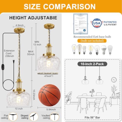 Plug in Pendant Lights Kitchen Island, Modern Brushed Gold Pendant Light Fixtures with 10" Clear Hammered Glass Shade, Industrial Hanging Pendant Lights Fixture for Kitchen Island Dining Room Entryway - Image 5