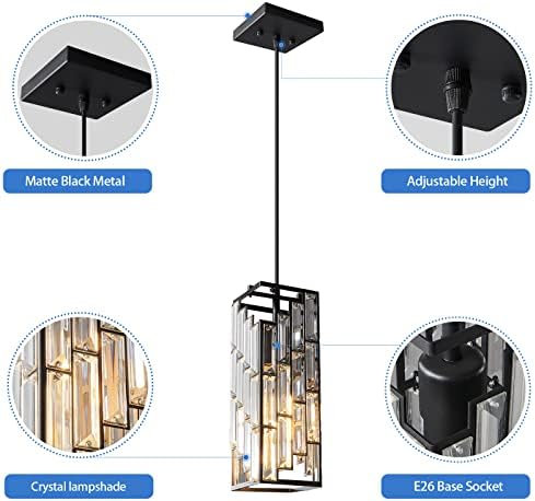Black Pendant Lighting Modern Pendant Light, Mini Crystal Chandeliers,Adjustable Pendant Light Fixture for Kitchen Island Dinning Room Bedroom (1 Pack) - Image 4