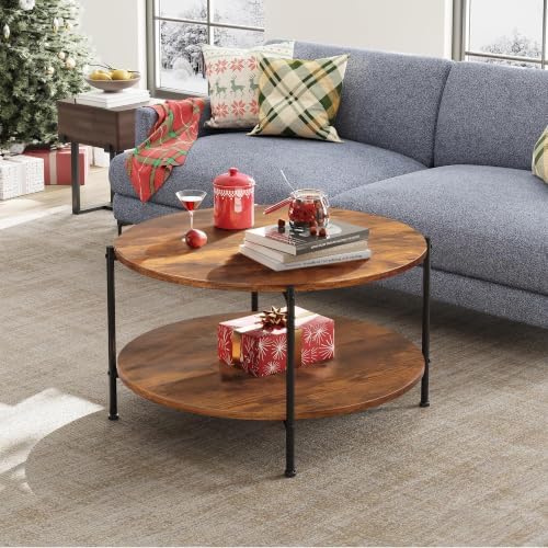 WLIVE Round Coffee Table, 32.6" Small Coffee Table with Storage Shelf, 2-Tier Circle Wood Center Table for Living Room, Apartment, Rustic Brown (Rustic Brown, 32.6" D x 32.6" W x 17.5" H) - Image 2