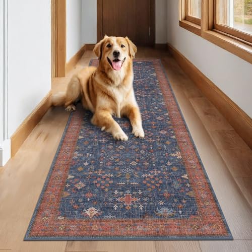 Washable 12 ft Long Runner for Hallway - Navy Blue Kitchen Floor Runner Rug, Pet Friendly Vintage Non Slip with Rubber Backing, Stain Resistant Laundry Room Rug (3x12 Navy Blue & Terracotta) by HazoHaus