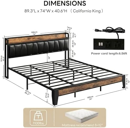 LIKIMIO California King Bed Frame with Storage Headboard & Charging Station - Image 2