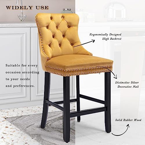 SoarFlash Modern Velvet Upholstered Bar Stools Set of 2 with Wood Legs, Button Tufted,Chrome Nailhead, Counterstool Seat, Armless Bar Chairs (Gold) - Image 6