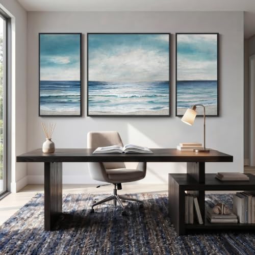 Extra Large Framed Blue White Coastal Wall Art for Living Room, 3 Piece Set - Image 3