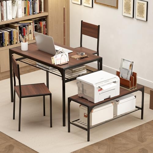 Giantex Dining Table Set for 4, Kitchen Table with Chairs & Bench, Storage Racks, Metal Frame, 4-Piece Space-Saving Dinette Set for Dining Room, Breakfast Nook, Small Space, Apartment, Walnut - Image 6