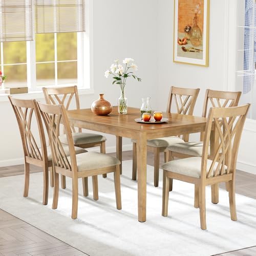 Zevemomo 7-Piece Wood Dining Table Set with 6 Chairs, Natural Wood Color by Zevemomo