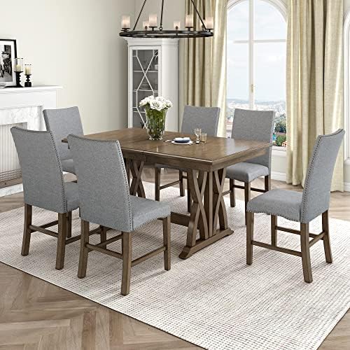 Mid-Century Extendable Dining Table Set for 6, Solid Wood 7-Piece Dining Table Set with 6 Upholstered Chairs and 12" Leaf, Home Breakfast Kitchen Dining Room Set for 6, Retro X Cross Trestle Base by VilroCaz