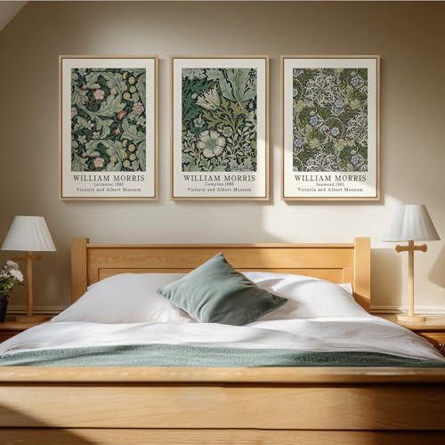 Framed William Morris Green Floral Canvas Wall Art Set of 3, 16x24 In - Image 3