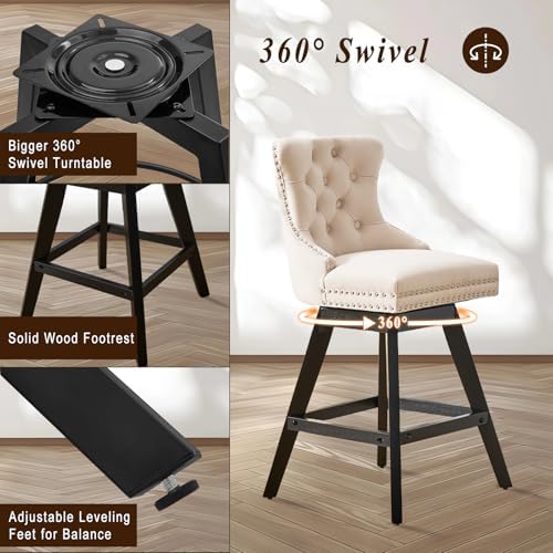 SoarFlash Kitchen Velvet Swivel Bar Stools with Solid Wood Legs Upholstered Counter Stools Set of 4, Beige - Image 5