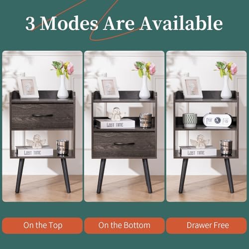 Yoobure Night Stand with Fabric Drawer, Modern Nightstand, Bedside Tables, Mid Century Nightstands with Open Storage Shelf, Wood Bedside Table, Small Night Stands for Bedrooms, 2-Tier Night Table - Image 5
