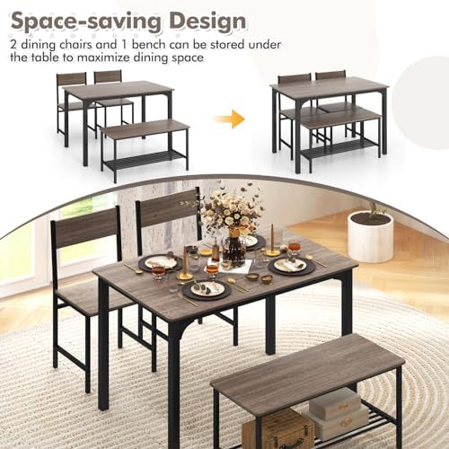 Dining Table Set for 4 with Storage Bench & 2 Chairs, Gray Oak - Image 3
