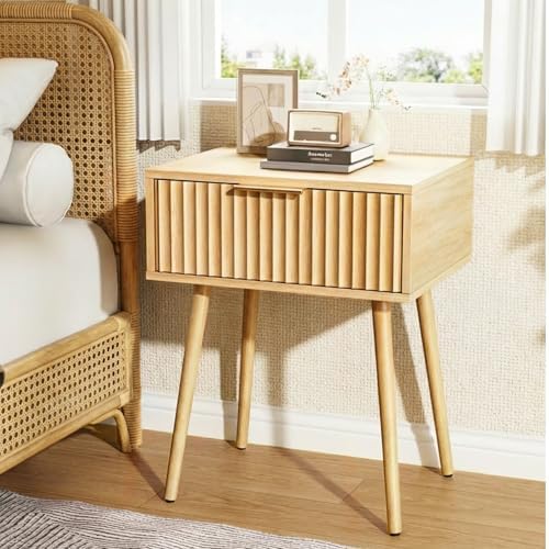 VINGLI Nightstands Set of 2, Fluted Night Stand with Drawer, Bedside Table, Wood Nightstand for Bedroom, Mid Century Modern End Tables, Natural Oak, 18.9" W*14.96" D*24" H - Image 7