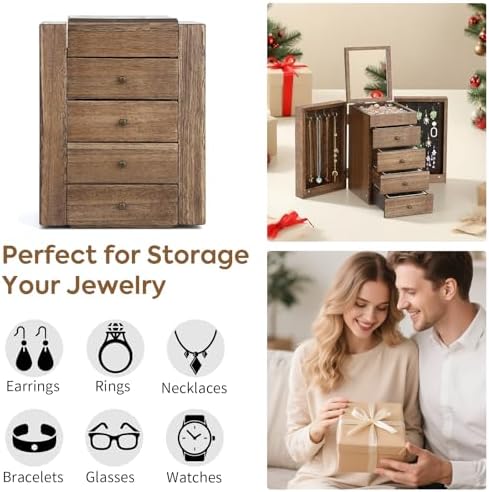 Meangood Jewelry Box Wood for Women, 5-Layer Large Organizer Box with Mirror & 4 Drawers for Rings, Earrings, Necklaces, Walnut - Image 7
