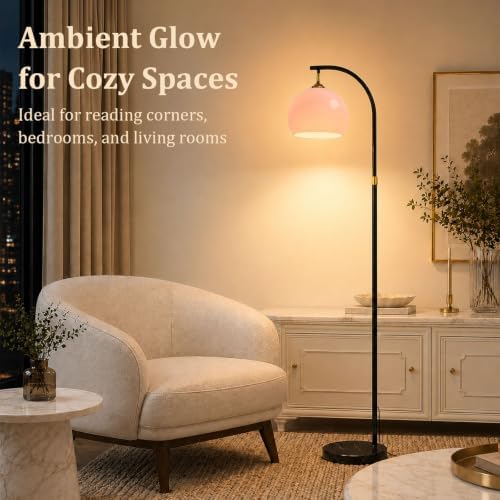 Pink Arc Floor Lamp with Natural Marble Base, Mid Century Modern - Image 3