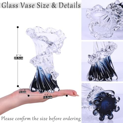 Hand Blown Blue Glass Vase, Unique Art Beautiful Ocean Glass Vase for Coastal Home Decor, Coffee Table, Living Room, Office Decor - 8" H - Image 2